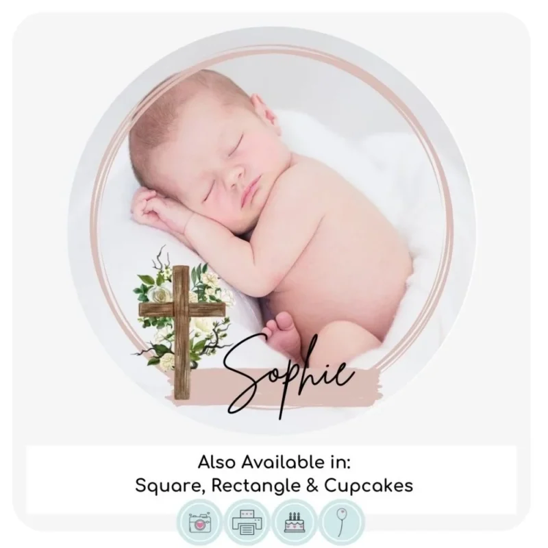 Christening Edible Cake Topper | Floral Dusty Pink